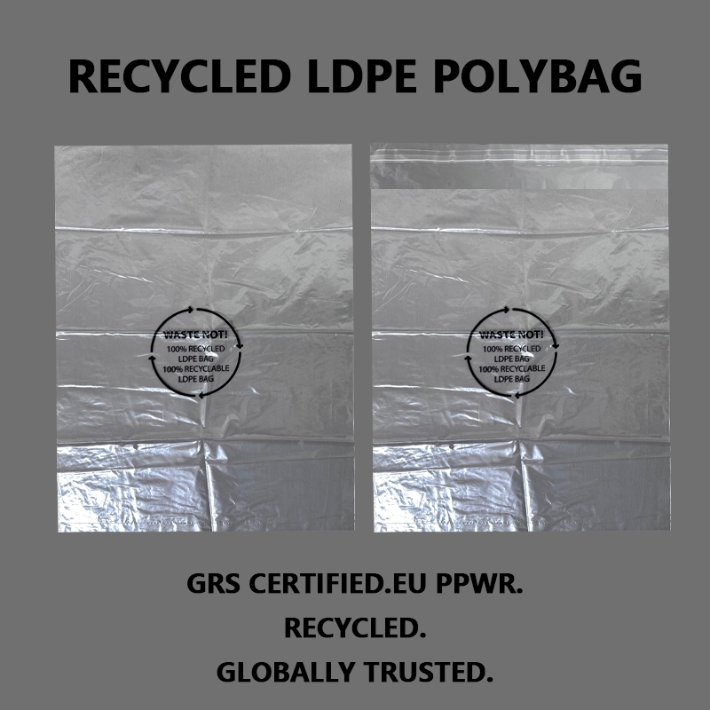 Anpassad GRS-certifierad återvunnen LDPE-polypåse med självhäftande tätning för klädförpackningar